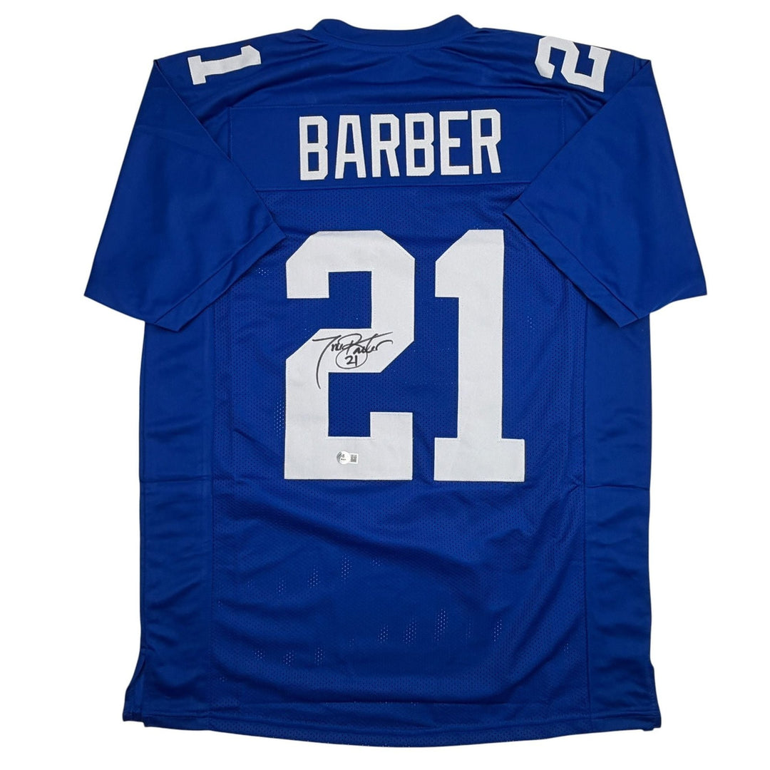 Autographed/Signed Tiki Barber New York Blue Football Jersey Beckett COA