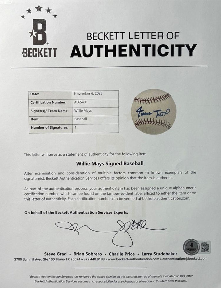 Willie Mays San Francisco Giants Signed Official MLB Baseball BAS AE65401