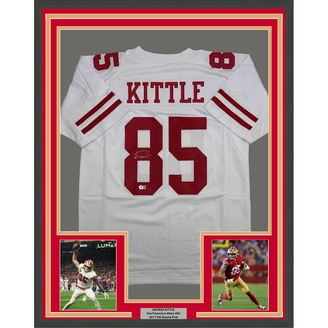 Framed Autographed/Signed George Kittle 35x39 San Francisco White Jersey BAS COA