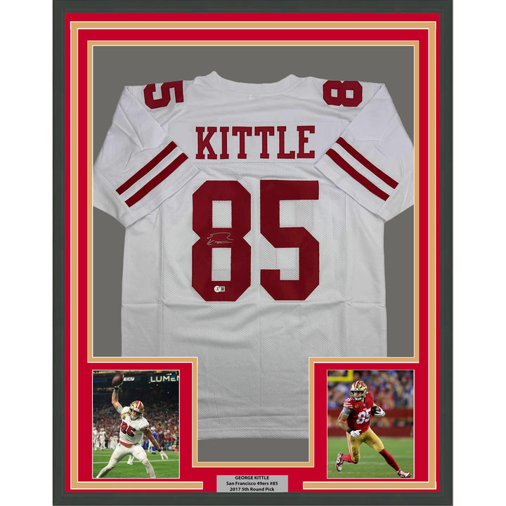 Framed Autographed/Signed George Kittle 35x39 San Francisco White Jersey BAS COA