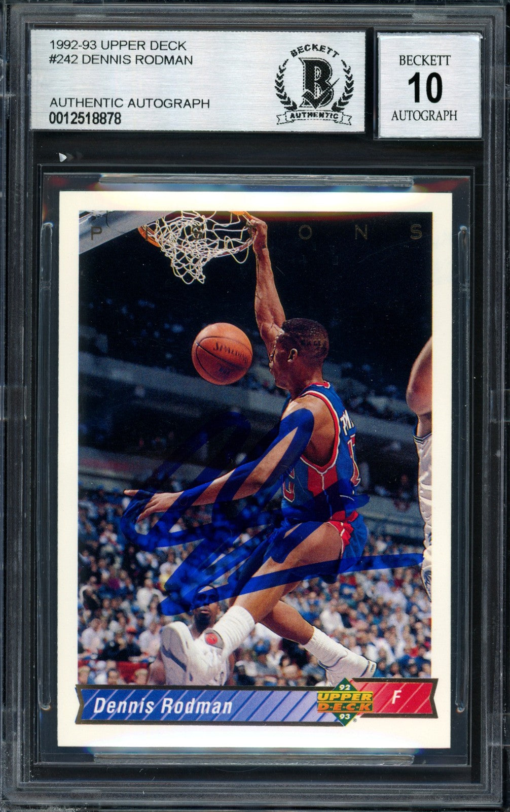 Dennis Rodman Auto 1993-94 Upper Deck Card 242 Pistons Auto 10 Beckett #12518878