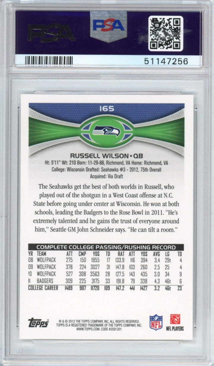 Graded 2012 Topps Russell Wilson #165 Passing Stands Visible Rookie Card PSA 10