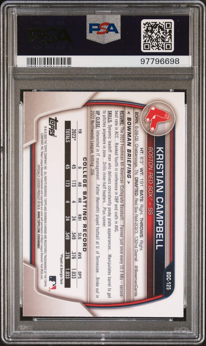 Graded 2023 Bowman Draft Kristian Campbell #BDC125 Chrome Baseball Card PSA 10