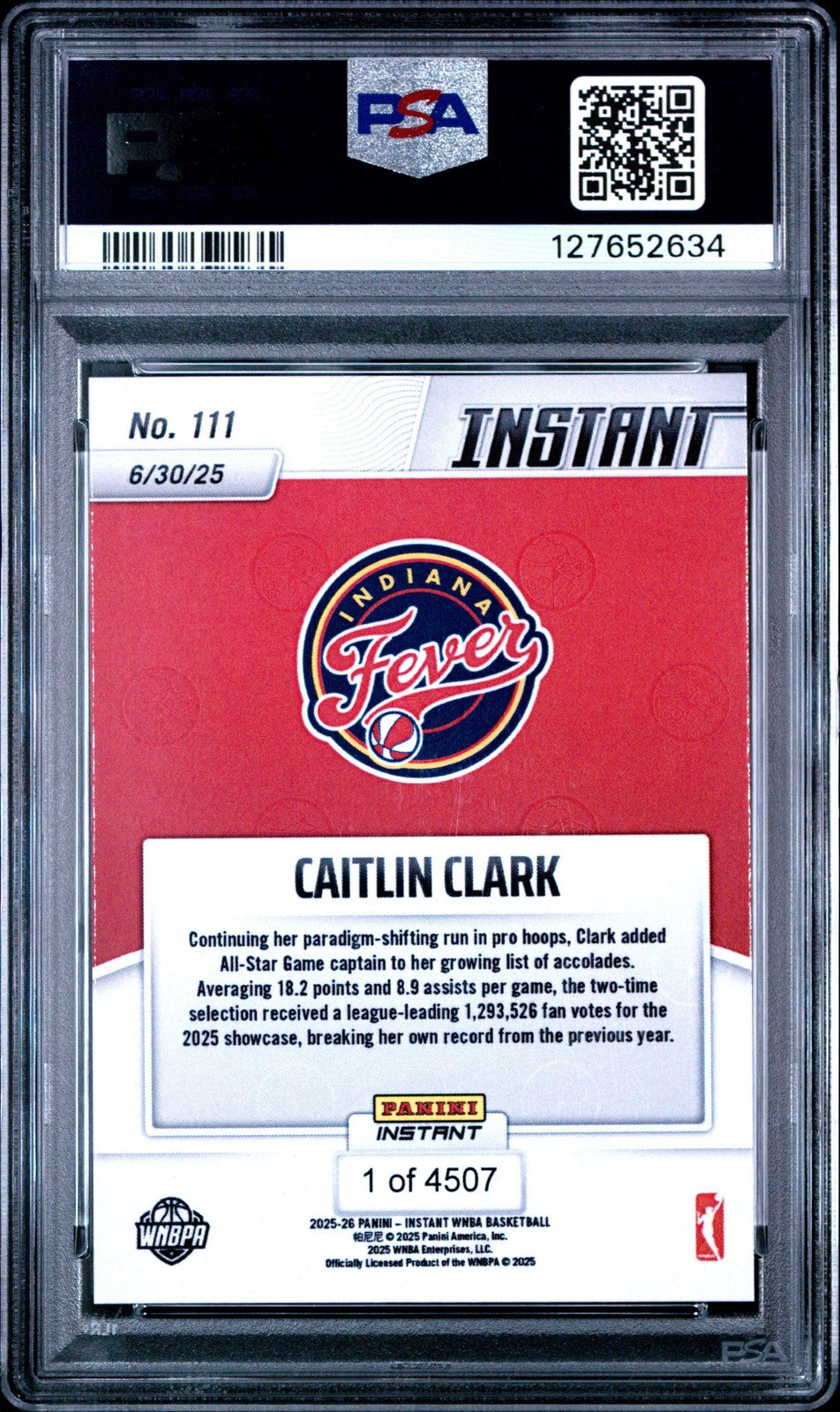 Graded 2025 Panini Instant WNBA Caitlin Clark #111 Basketball Card PSA 10 Mint