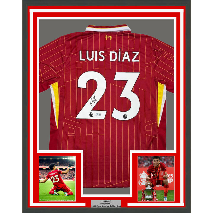 Framed Autographed/Signed Luis Diaz 35x39 Liverpool Red Soccer Jersey BAS COA
