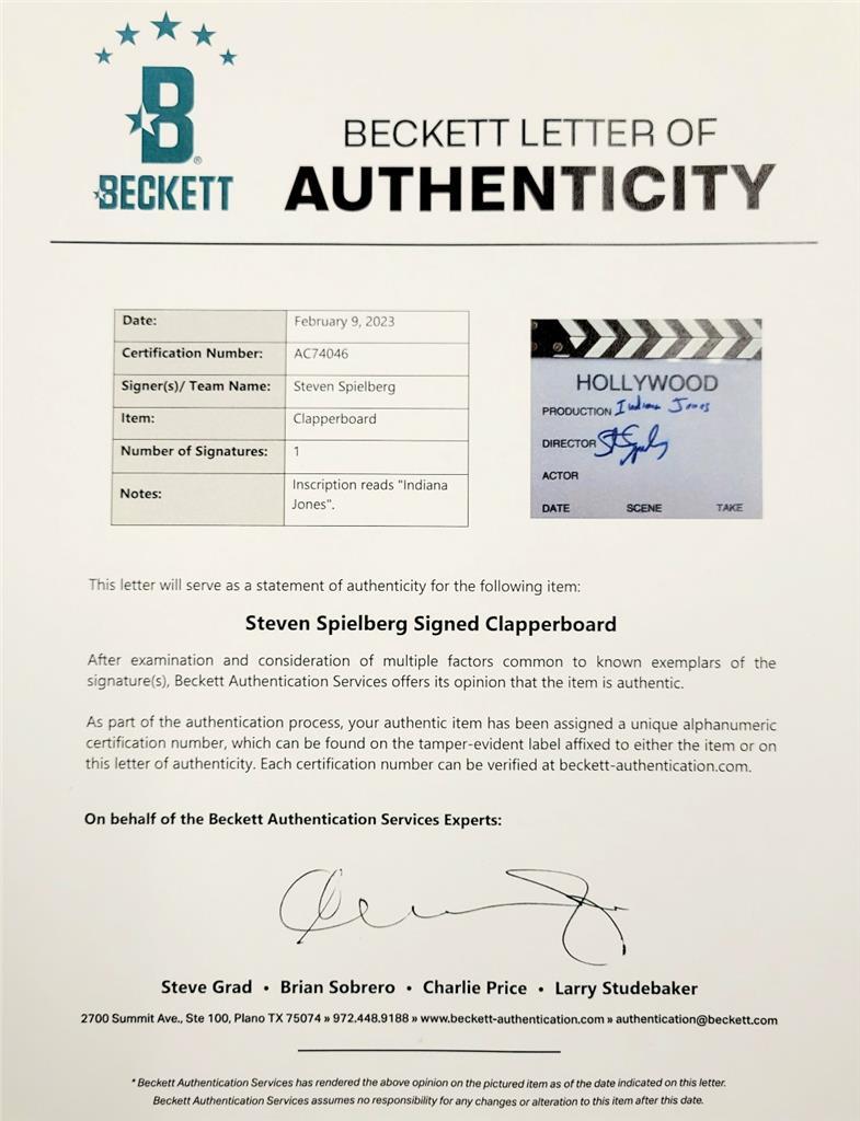 Steven Spielberg signed "Indiana Jones" Director Clapboard autograph Beckett BAS
