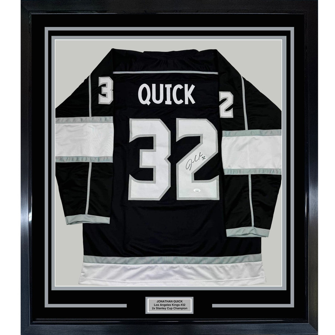Framed Autographed/Signed Jonathan Quick 35x39 Los Angeles LA Black Jerse