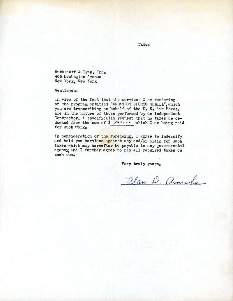 Alan Ameche PSA DNA Autograph Greatest Sports Thrill Contract Signed