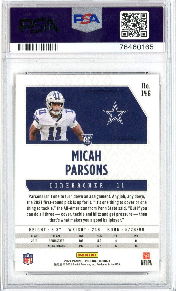 Graded 2021 Phoenix Micah Parsons #146 Fire Burst Rookie RC Football Card PSA 10