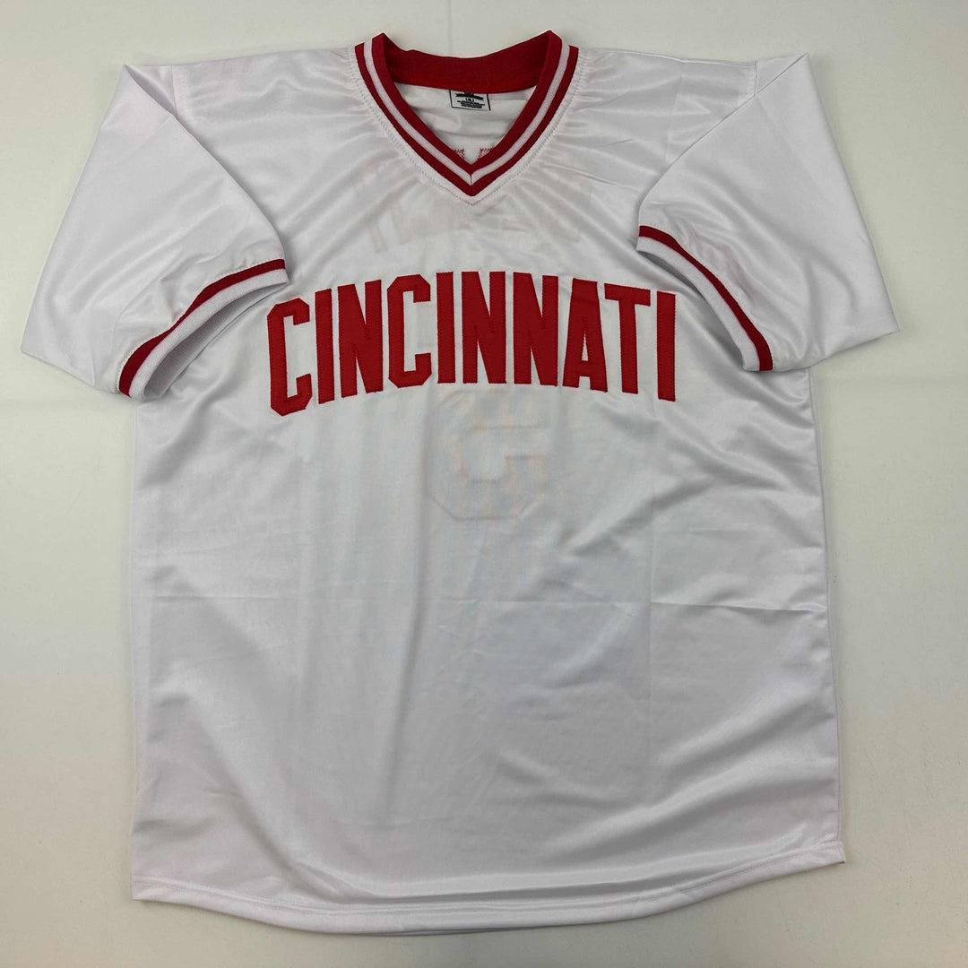 Facsimile Autographed Johnny Bench Cincinnati White Reprint Auto Jersey Men's XL