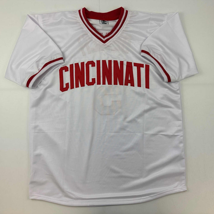 Facsimile Autographed Johnny Bench Cincinnati White Reprint Auto Jersey Men's XL