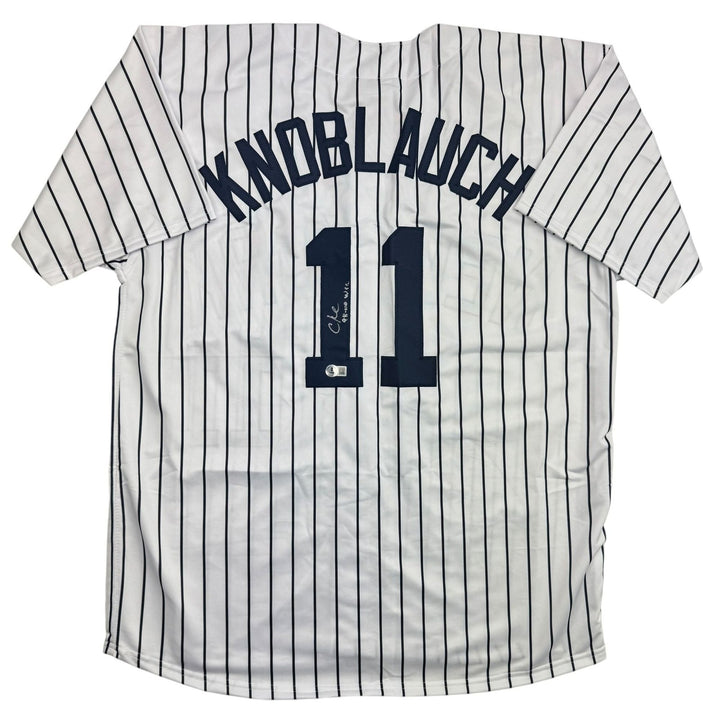 Autographed/Signed Chuck Knoblauch NY Pinstripe Baseball Jersey BAS COA