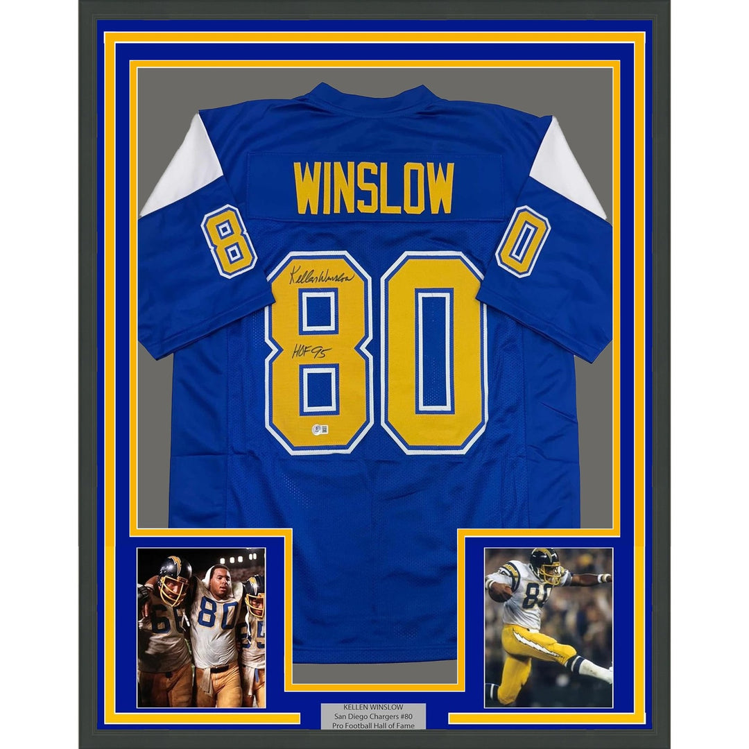 Framed Autographed/Signed Kellen Winslow 35x39 Chargers Blue Jersey BAS COA