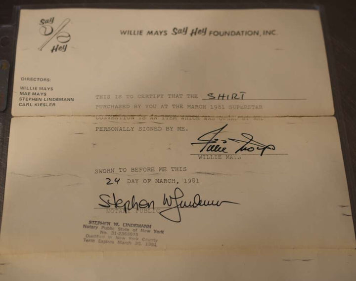 Willie Mays PSA DNA Personally Owned Worn Shirt Signed With Mays Letter