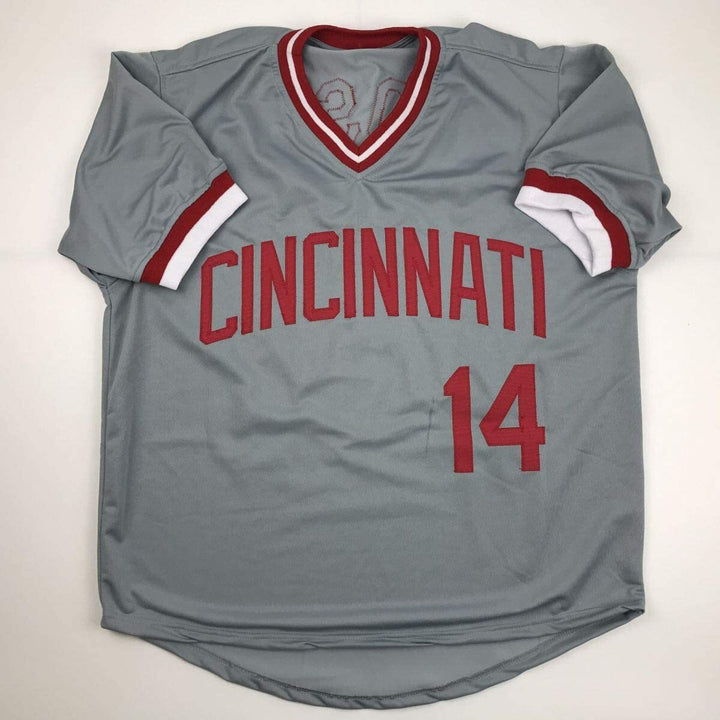 Autographed/Signed Pete Rose Cincinnati Grey Baseball Jersey JSA COA