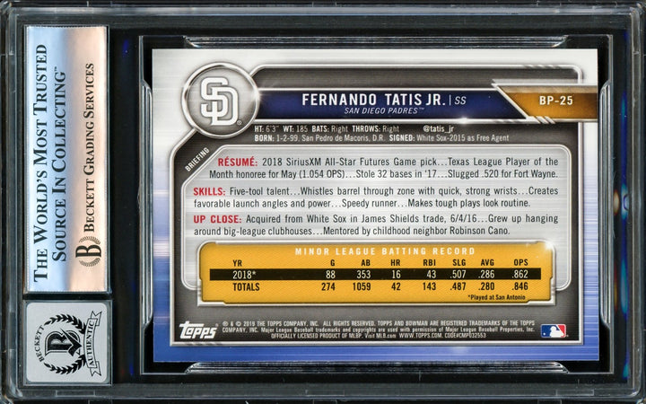 Fernando Tatis Jr. Signed 2019 Bowman Prospects RC #BP25 San Diego Padres