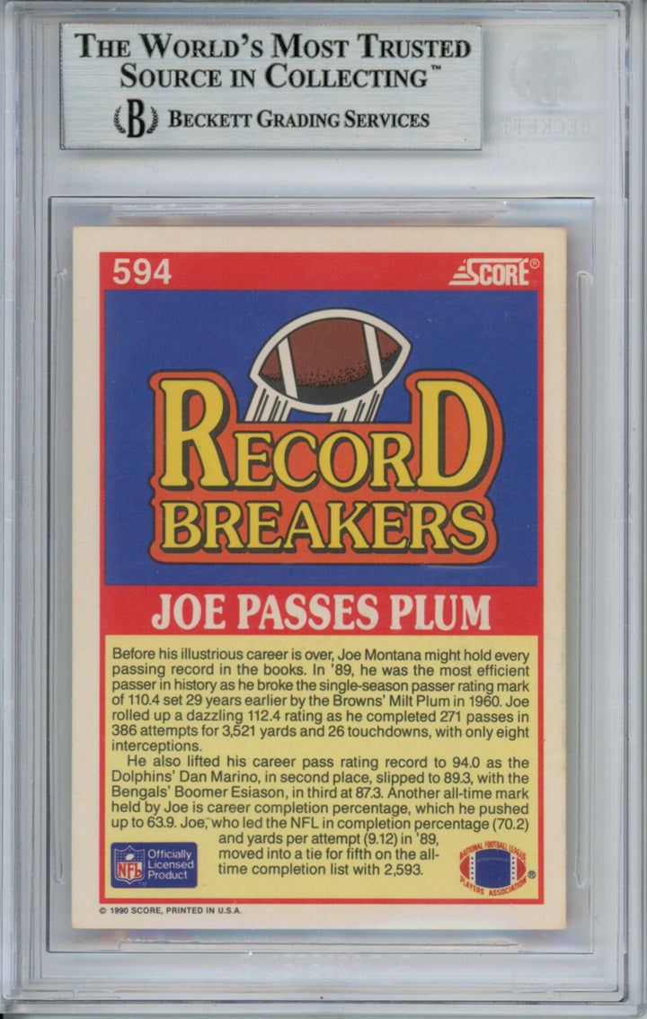 Joe Montana Autographed 1990 Score #594 Trading Card Beckett Slab 37568