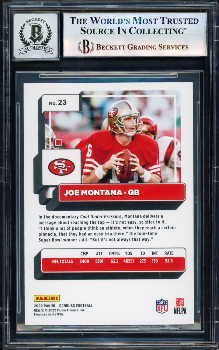 Joe Montana Signed 2022 Donruss Card 23 San Francisco 49ers Auto GM 10 Beckett