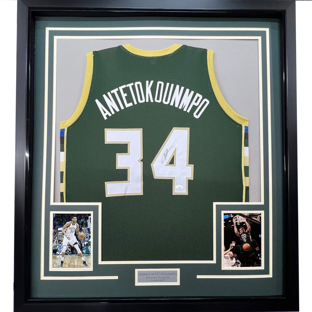 Framed Autographed/Signed Giannis Antetokounmpo 33x42 Green Jersey JSA COA