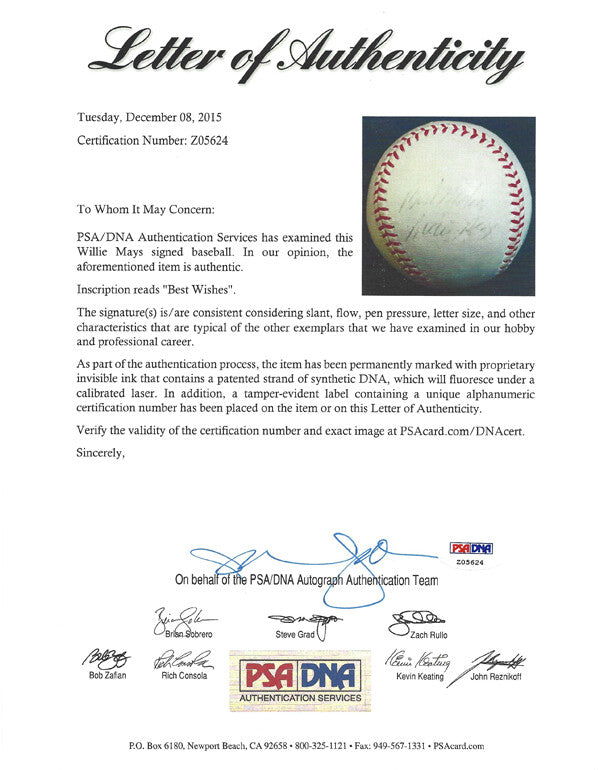 Willie Mays Auto Signed NL Giles Baseball Giants Best 1950's Vintage Sig PSA/DNA