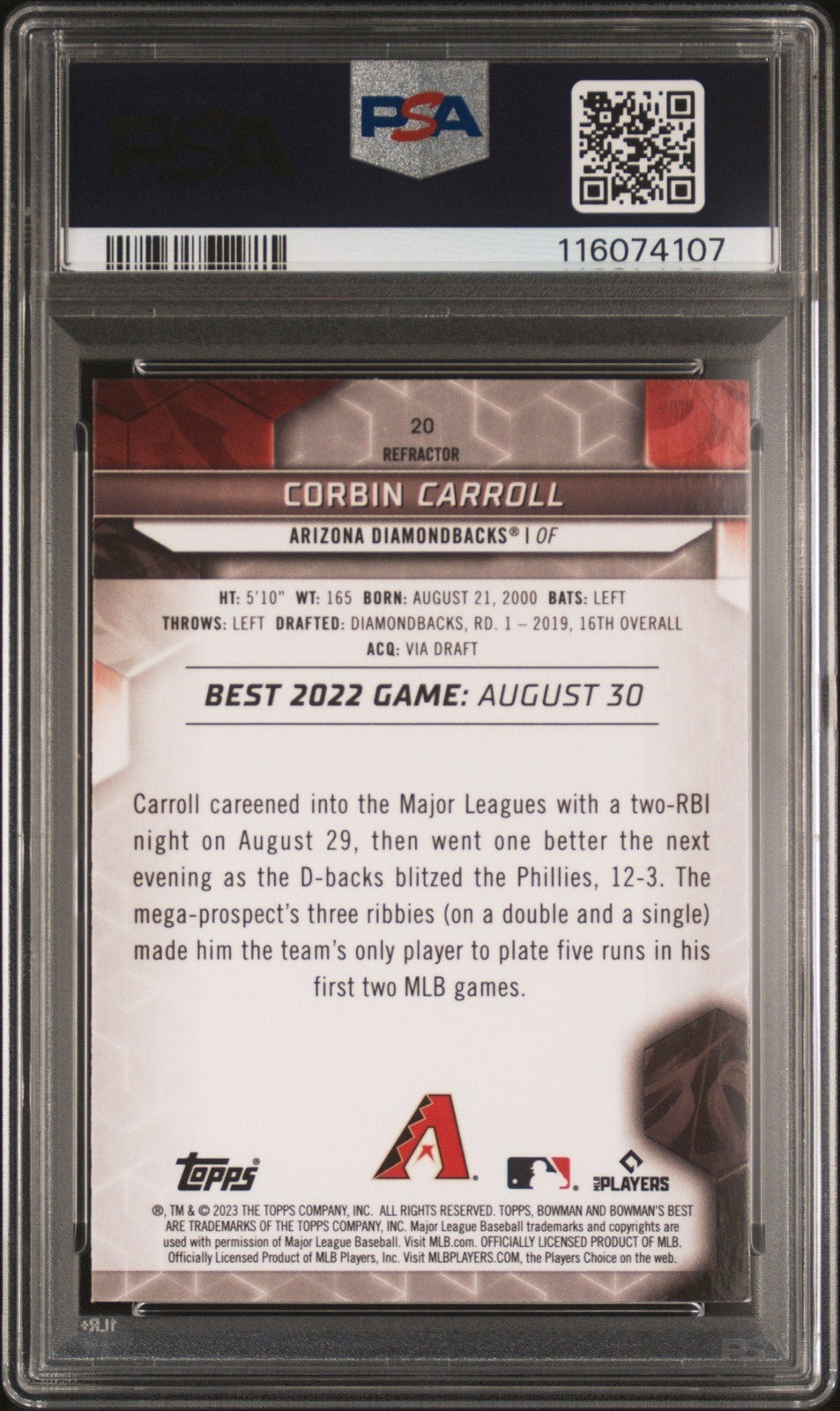 Graded 2023 Bowmans Best Corbin Carroll #20 Refractor RC Card PSA 10