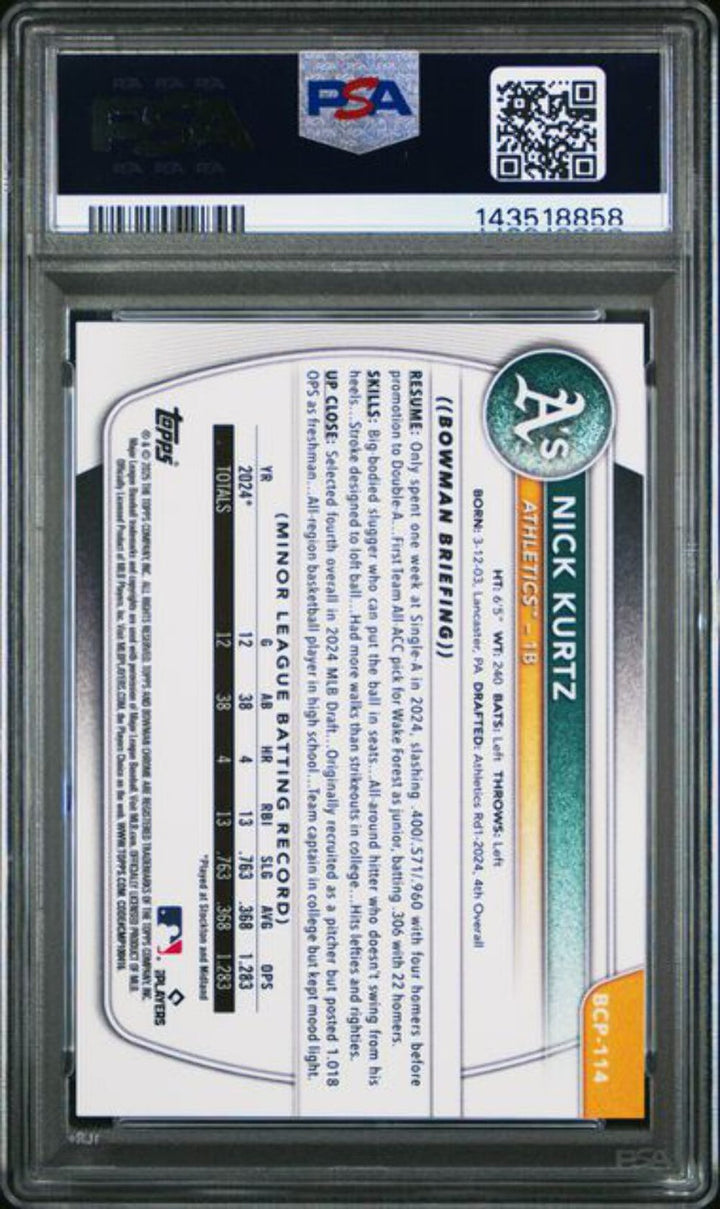 Graded 2025 Bowman Chrome Nick Kurtz #BCP114 50 Gold Geometric Rookie Card PSA 9