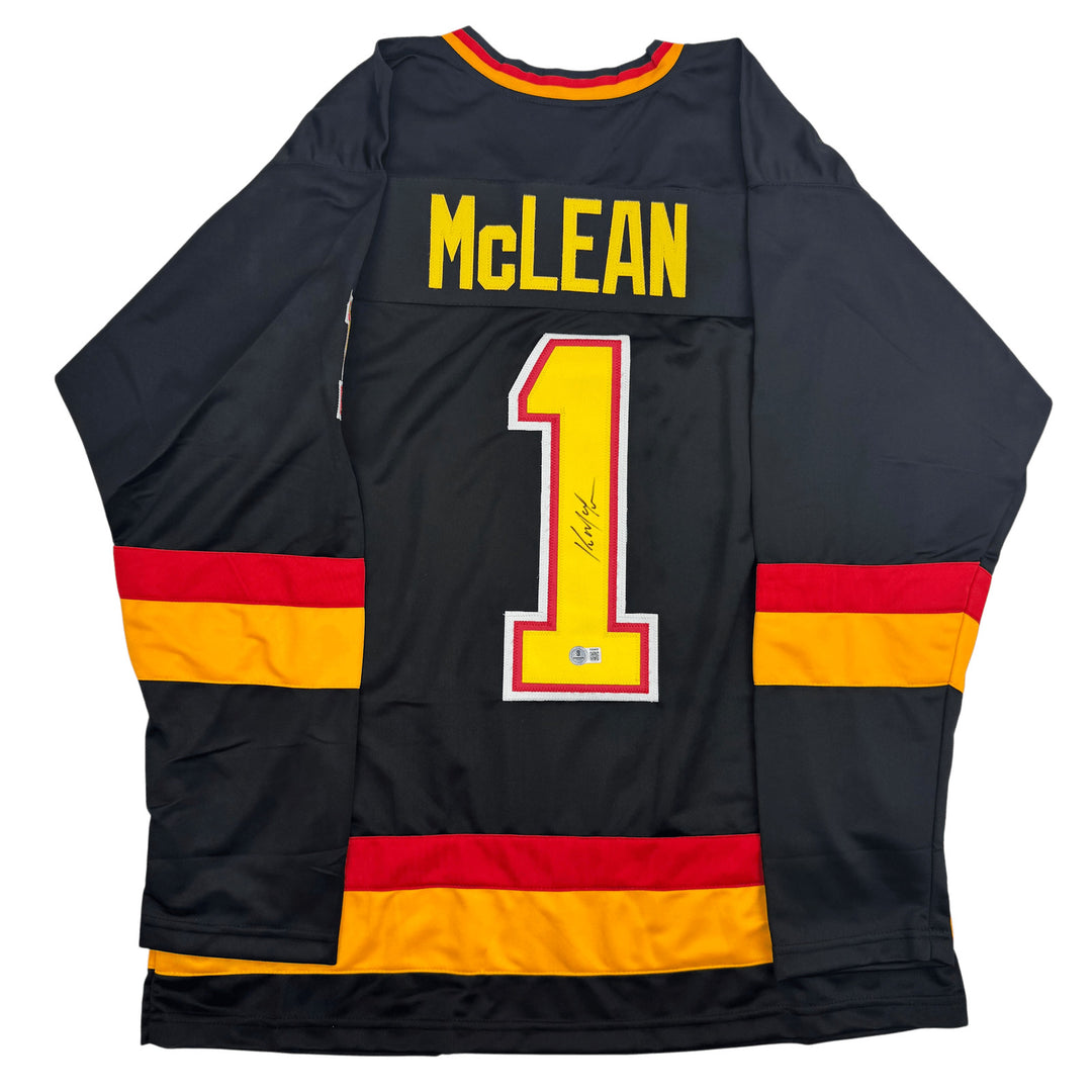 Autographed/Signed Kirk McLean Vancouver Black Hockey Jersey Beckett COA