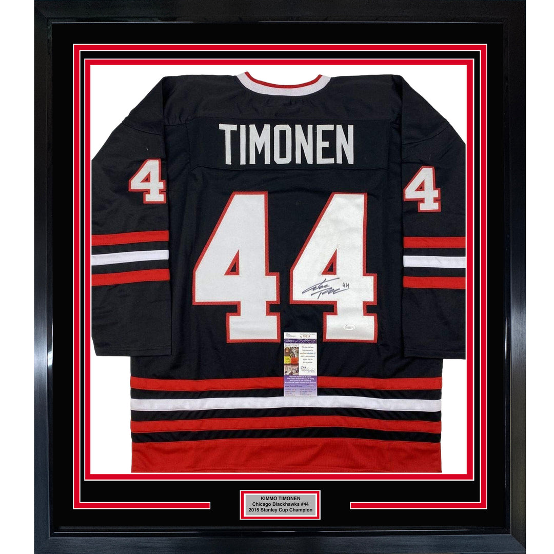 FRAMED Autographed/Signed KIMMO TIMONEN 33x42 Chicago Black Jersey JSA COA Auto