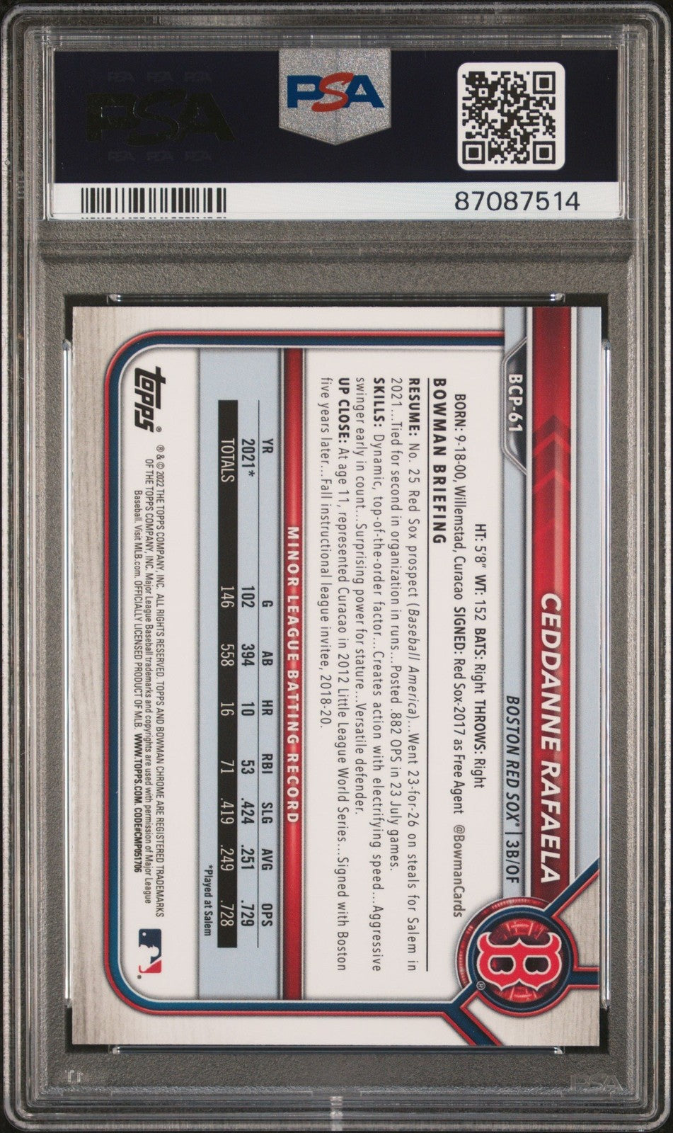 Graded 2022 Bowman Ceddanne Rafaela #BCP61 Chrome Prospects Card PSA 10