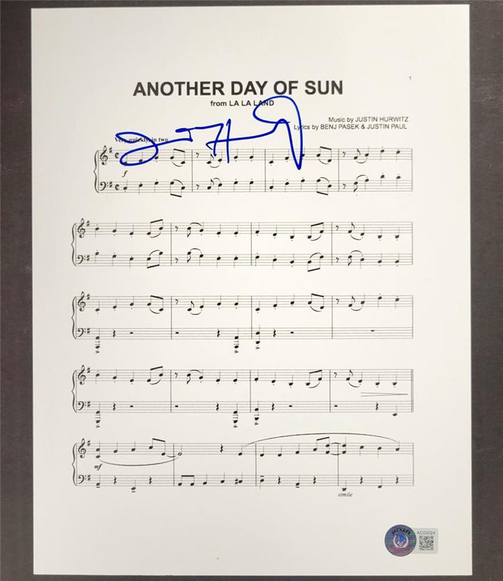 Justin Hurwitz signed La La Land "Another Day of Sun" 8.5x11 music sheet ~ BAS