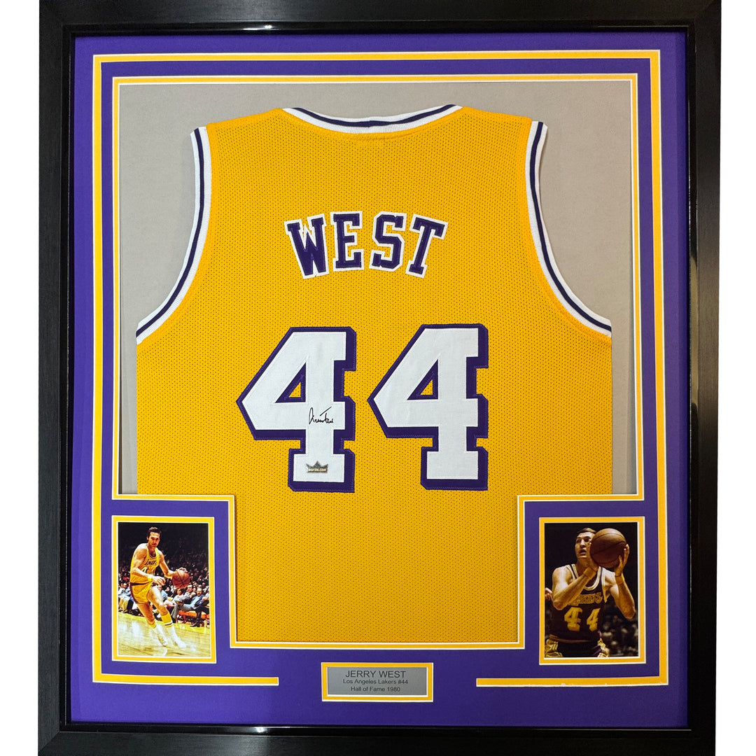 Framed Facsimile Autographed Jerry West 33x42 Yellow Reprint Laser Auto Jersey