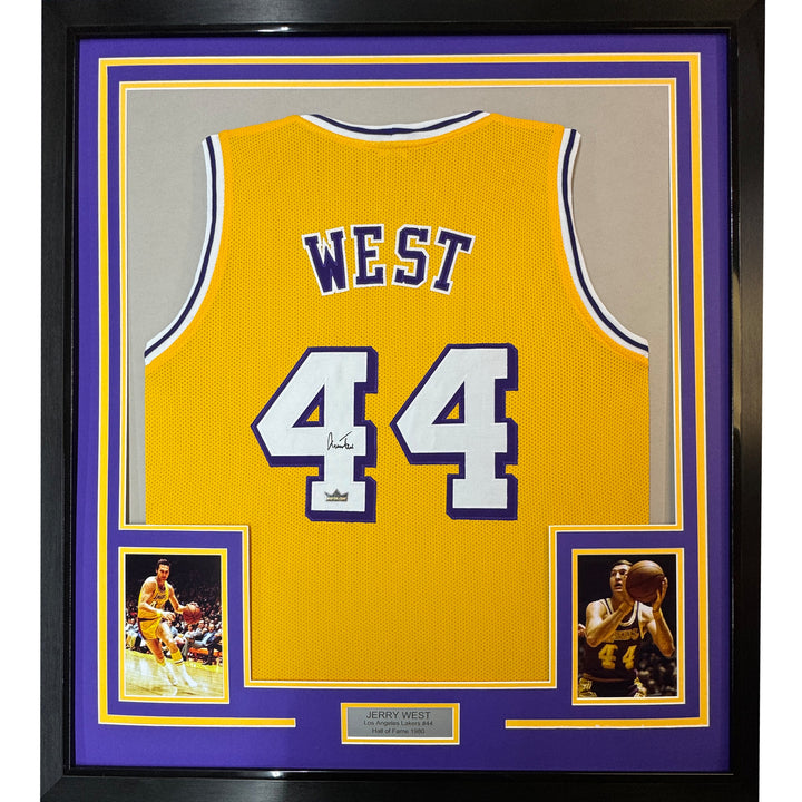 Framed Facsimile Autographed Jerry West 33x42 Yellow Reprint Laser Auto Jersey