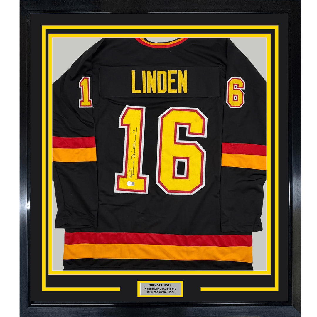 Framed Signed Trevor Linden 35x39 Vancouver Black Jersey Beckett BAS COA