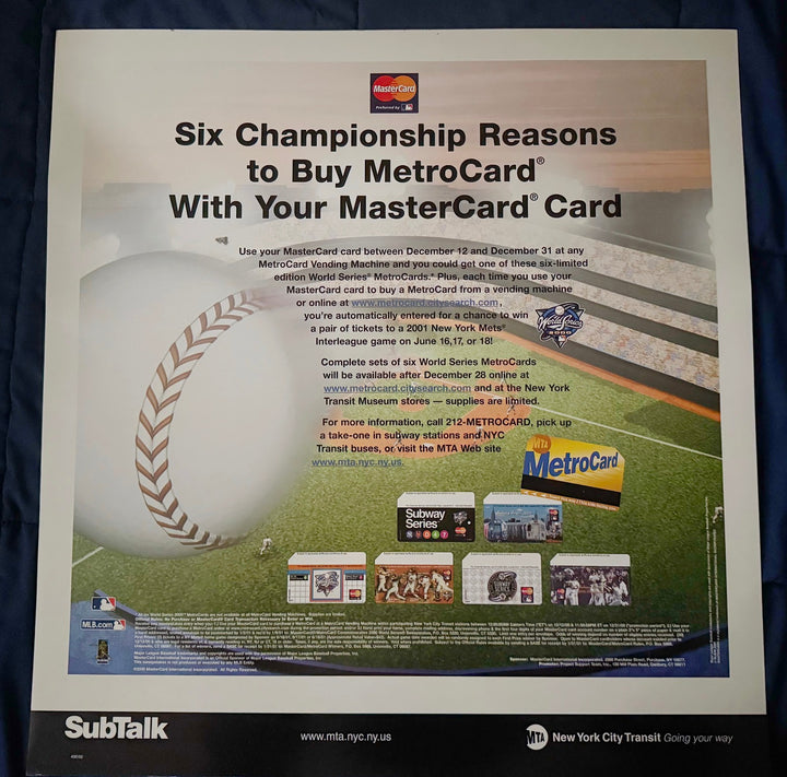 MTA NYC TRANSIT METROCARD SUBWAY 21x22 PROMO POSTER YANKEES vs METS WORLD SERIES