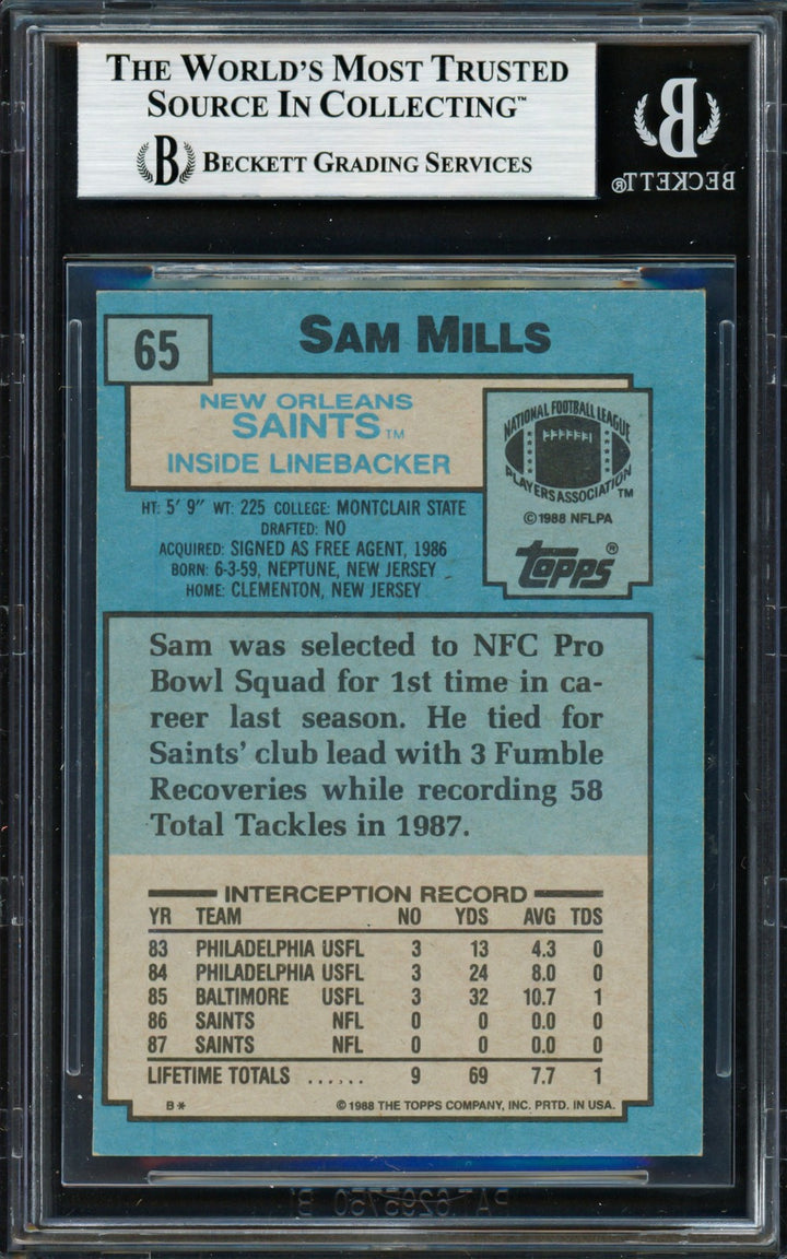 Sam Mills Signed 1988 Topps RC 65 New Orleans Saints Beckett