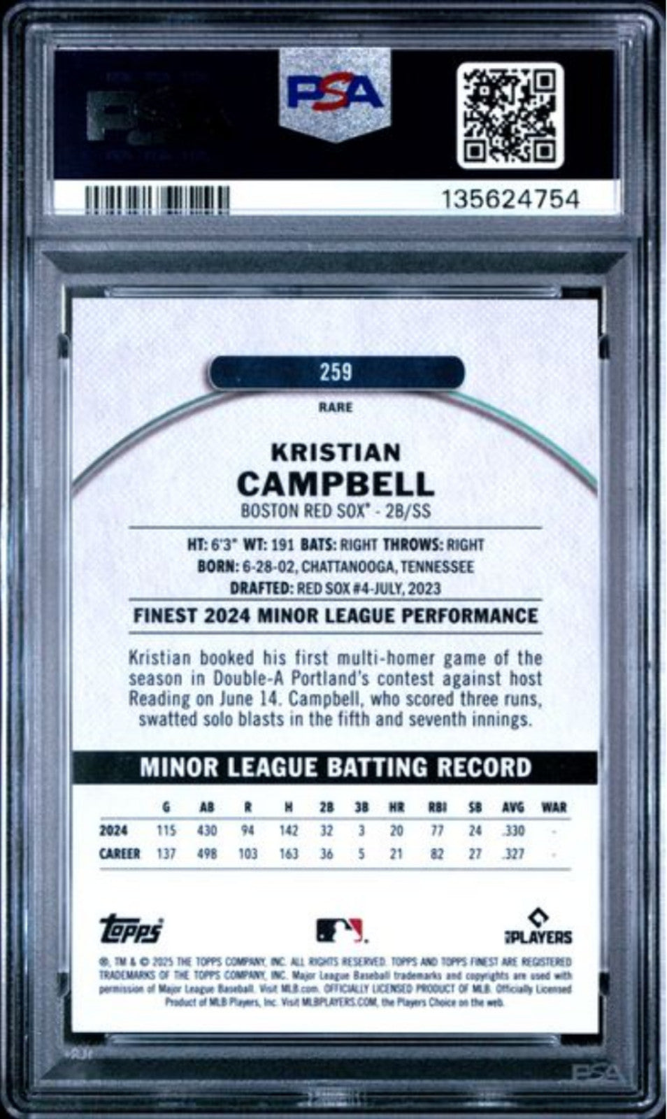 Graded 2025 Topps Finest Kristian Campbell #259 Rookie RC Card PSA 10 Gem Mint