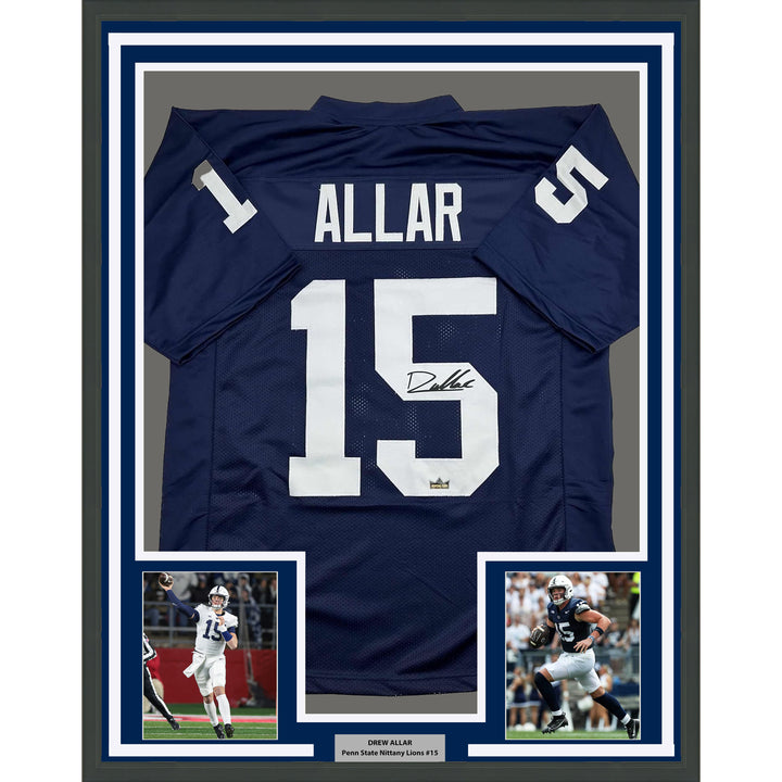 Framed Facsimile Autographed Drew Allar 35x39 PSU Blue Reprint Laser Auto Jersey