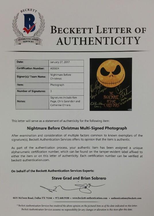 NIGHTMARE BEFORE XMAS Signed 8x10 Photo 3x Sarandon O'hara Page  BAS COA Beckett