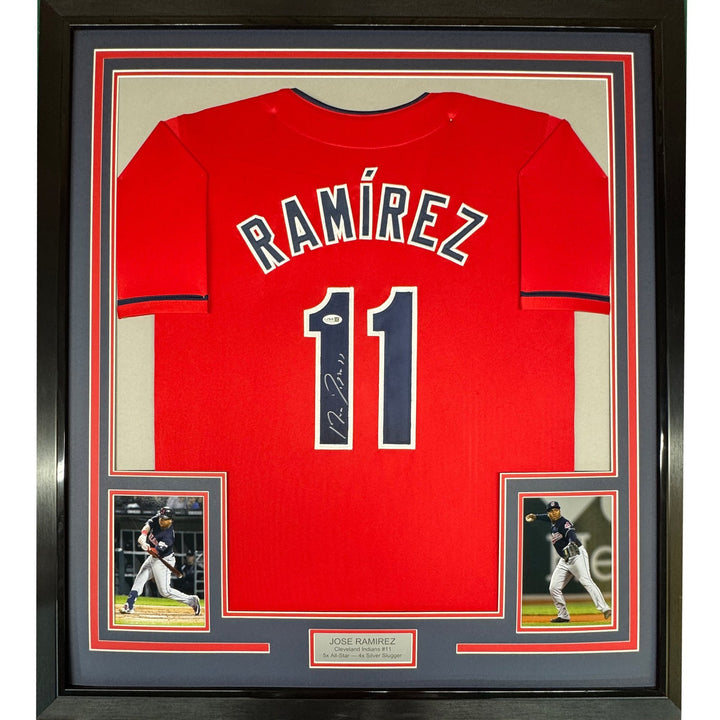 Framed Autographed/Signed Jose Ramirez 35x39 Cleveland Red Jersey JSA COA