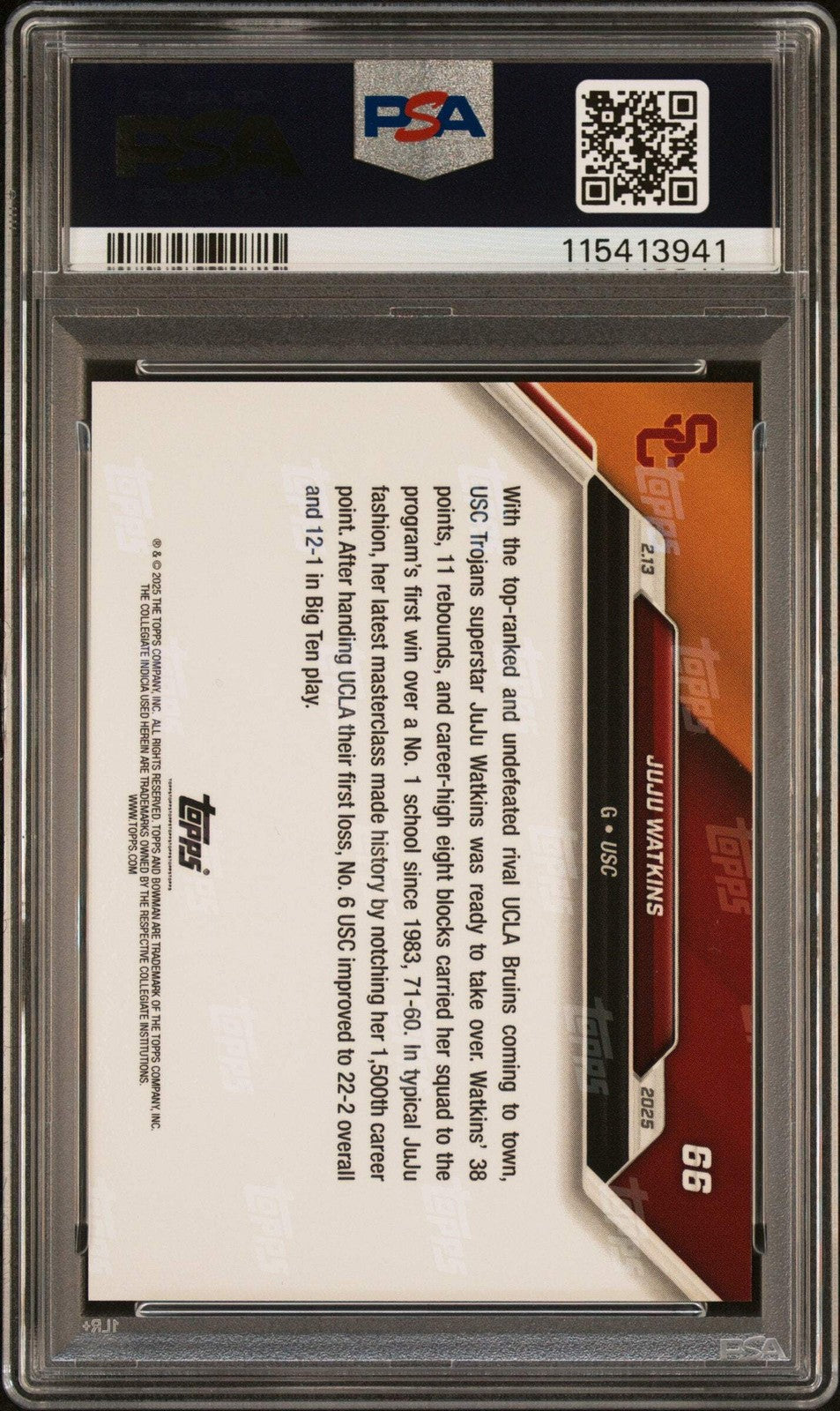 Graded 2024 Topps Bowman U Now JuJu Watkins #66 Blue /49 Rookie RC Card PSA 10