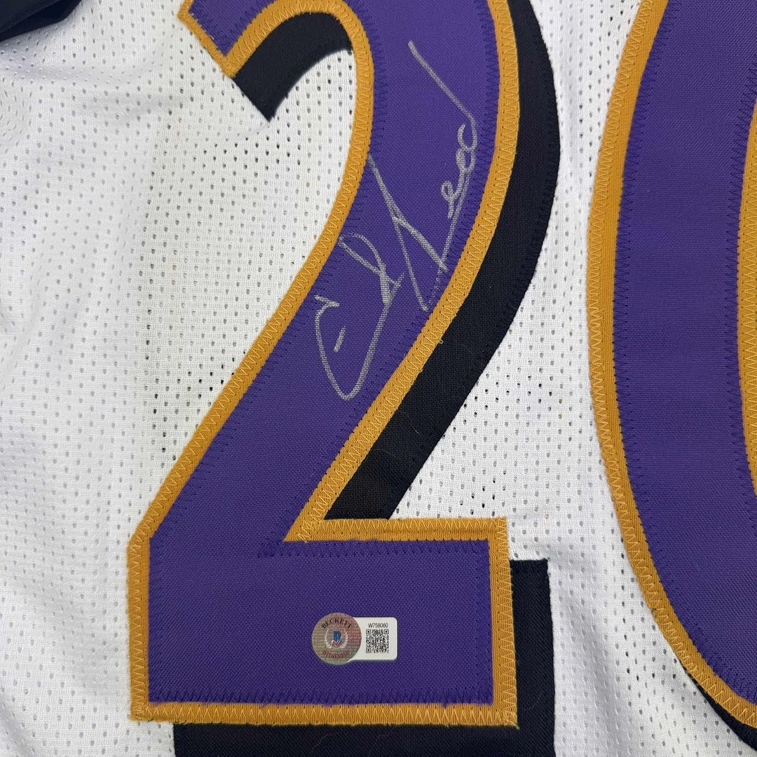 Framed Autographed/Signed Ed Reed 35x39 Baltimore White Jersey Beckett COA