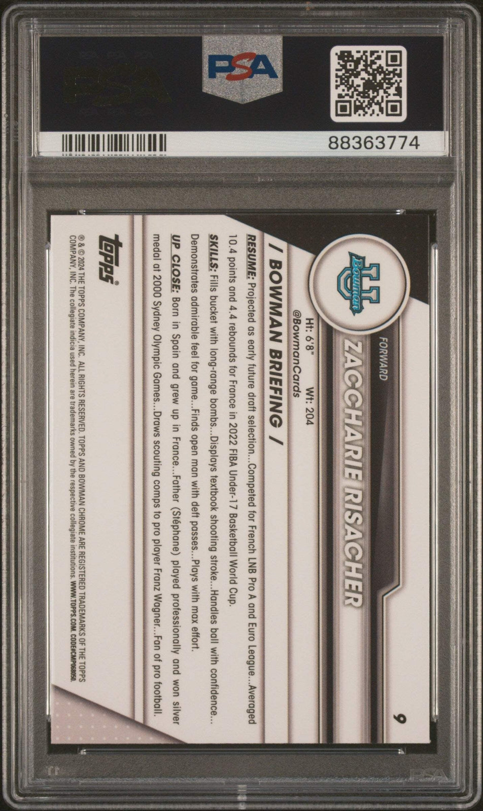 Graded 2023 Bowman U Chrome Zaccharie Risacher #9 RC Basketball Card PSA 10