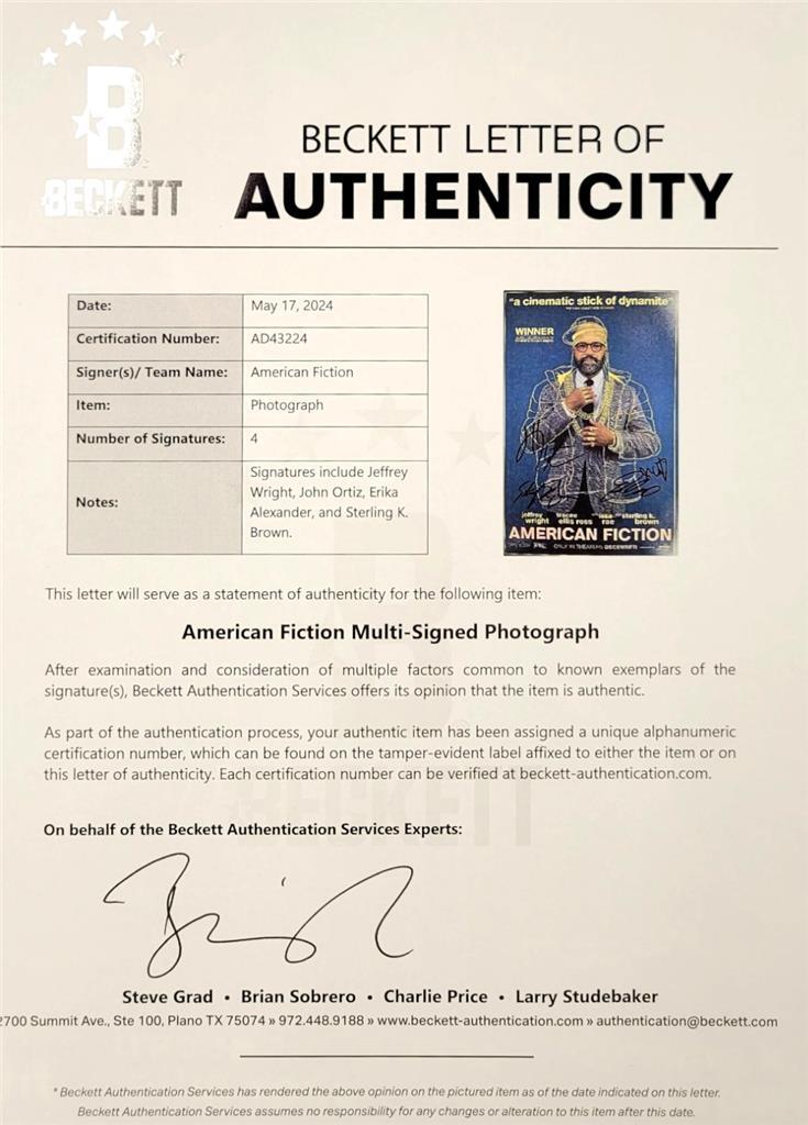 American Fiction cast (4) signed 12x18 photo Wright Brown Ortiz Alexander ~ BAS