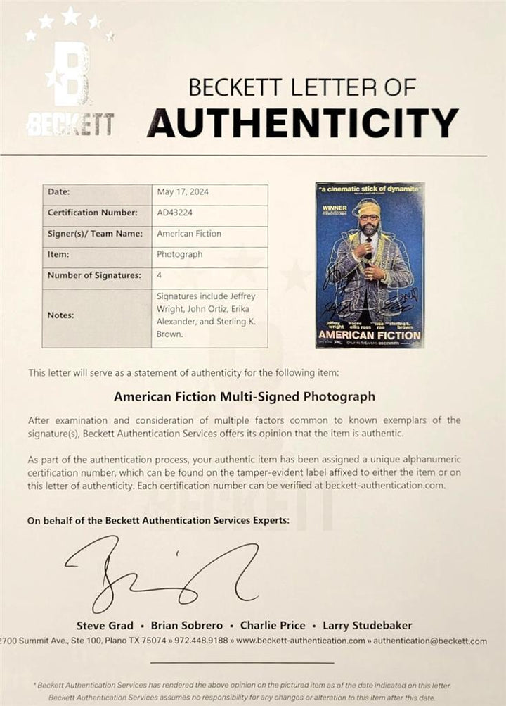 American Fiction cast (4) signed 12x18 photo Wright Brown Ortiz Alexander ~ BAS