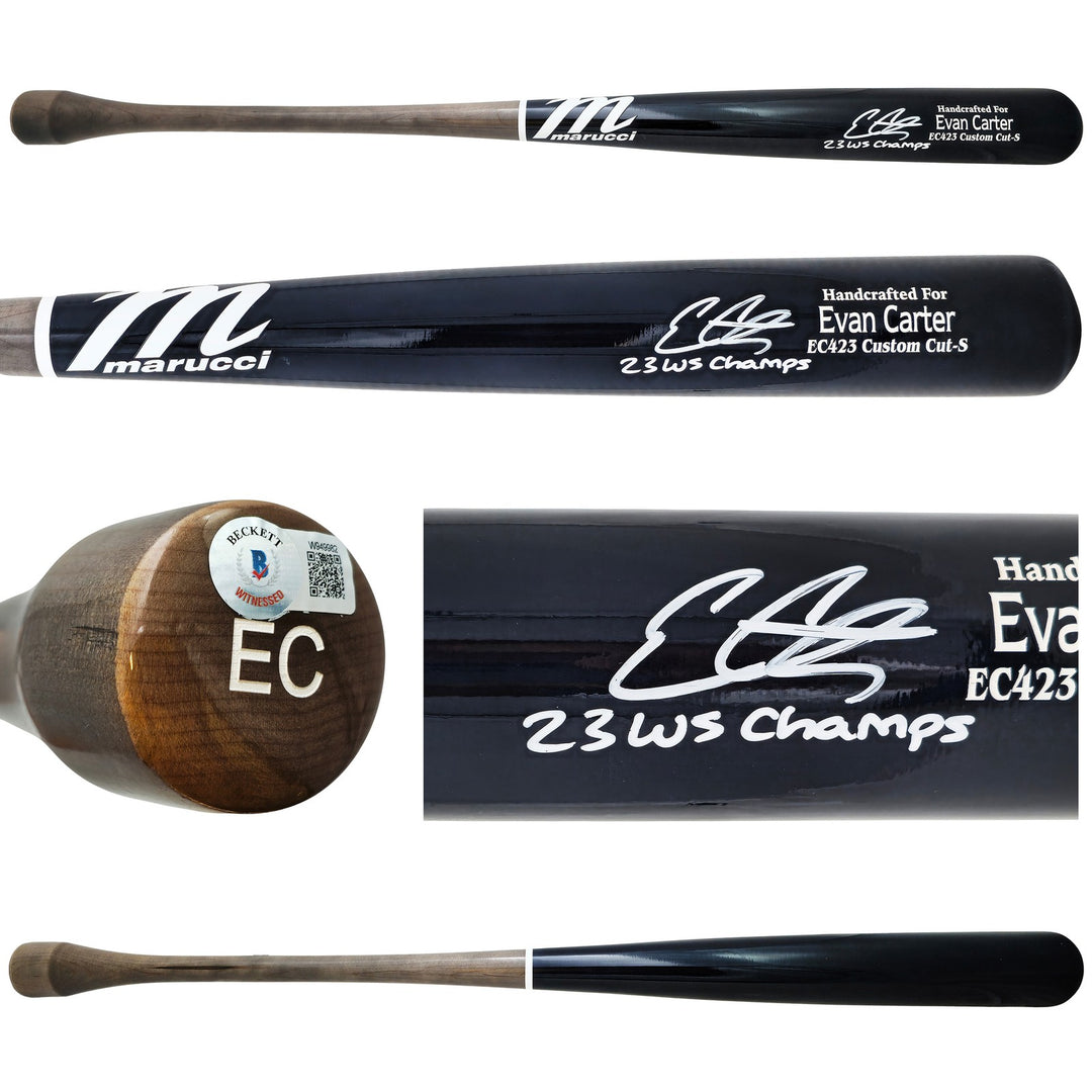 Evan Carter Auto Navy/Grey Marucci Player Model Bat Rangers 23 WS Champs Beckett