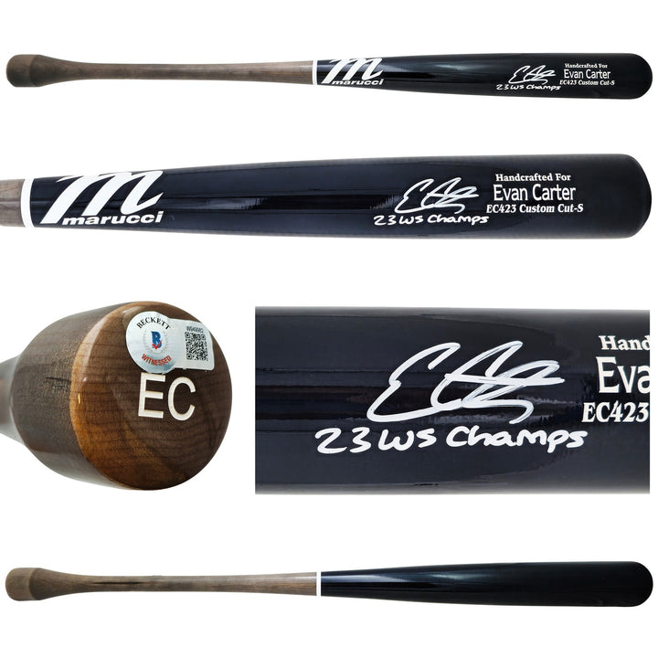 Evan Carter Auto Navy/Grey Marucci Player Model Bat Rangers 23 WS Champs Beckett
