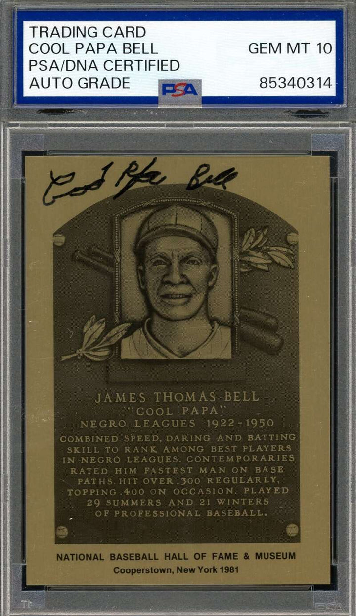 Cool Papa Bell Gem Mint 10 PSA DNA Signed Gold Metallic Hall of Fame Plaque Auto