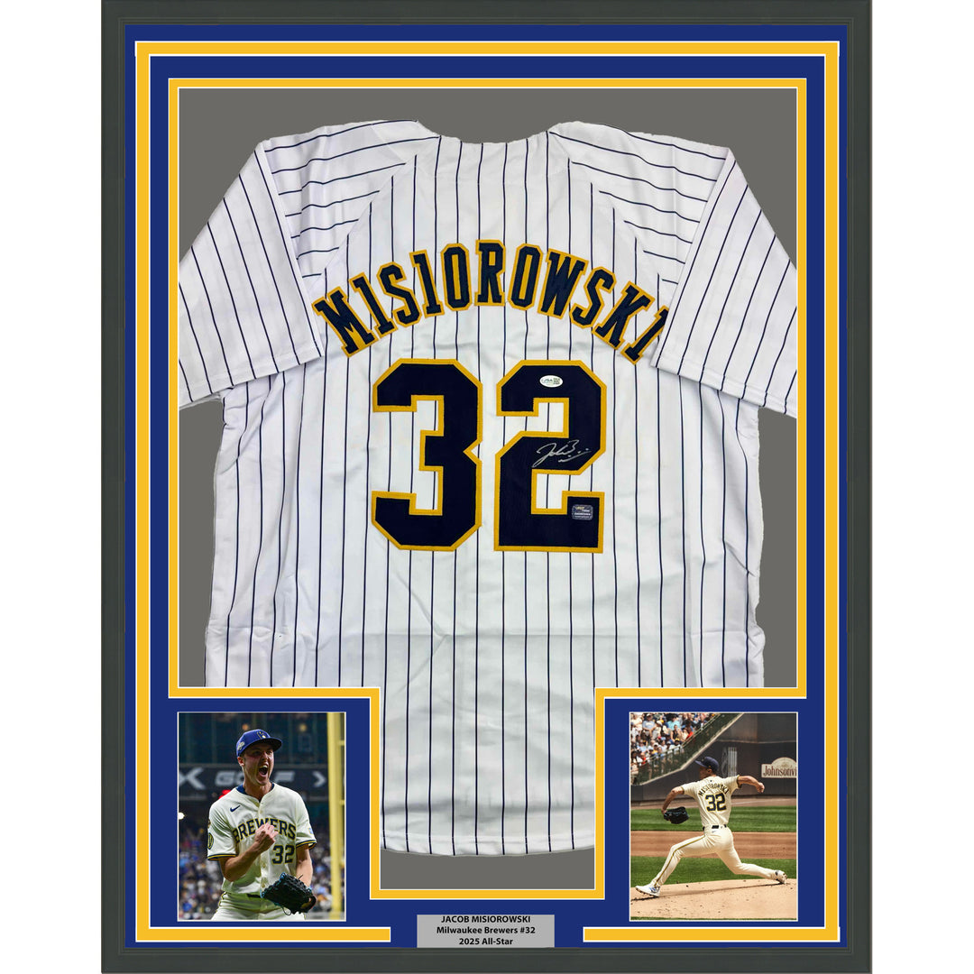 Framed Autographed/Signed Jacob Misiorowski 35x39 Milwaukee Pin Jersey JSA COA