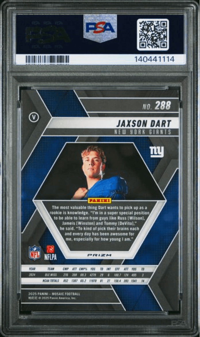 Graded 2025 Panini Mosaic Jaxson Dart #288 Silver RC Football Card PSA 10