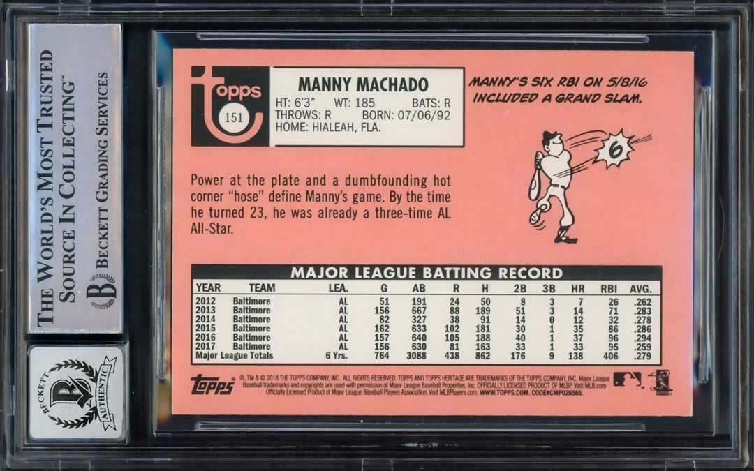 Manny Machado Signed 2018 Topps Heritage Card 151 Orioles Auto GM 10 Beckett